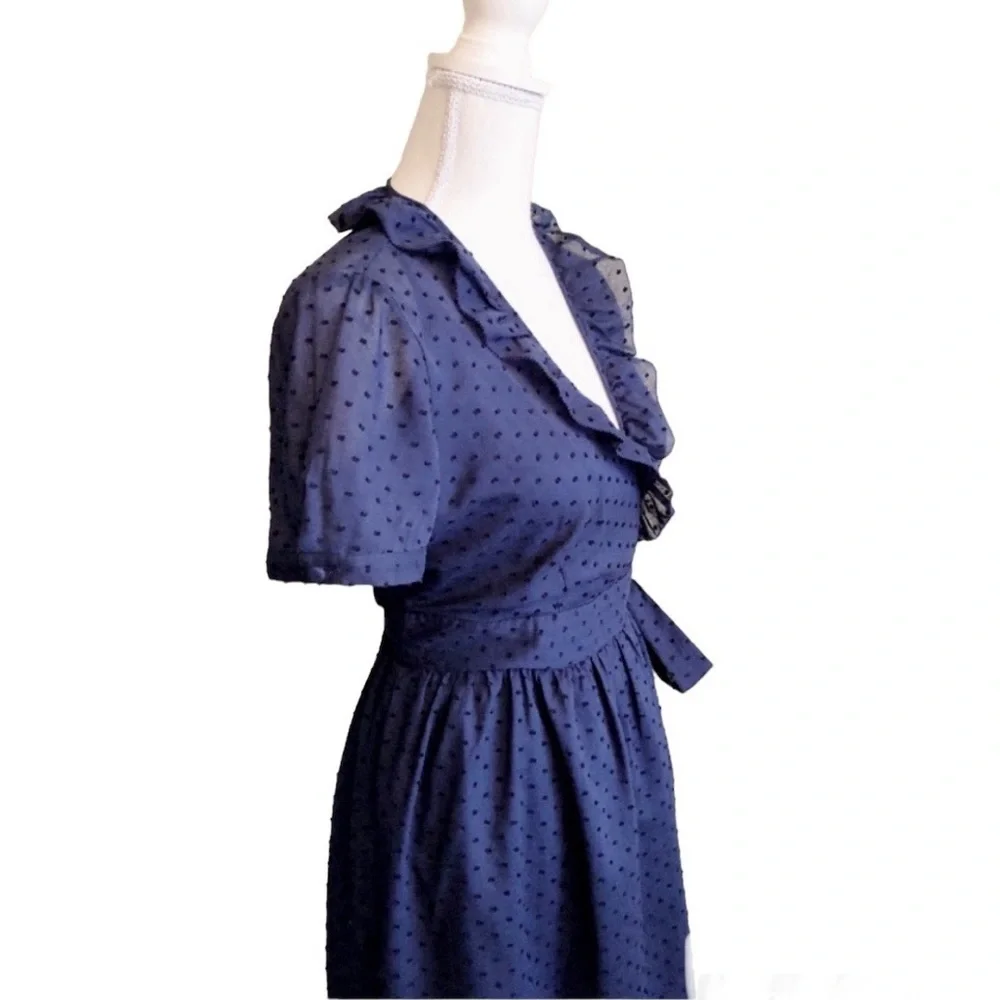 J. Crew Wrap Midi Dress Short Sleeve Nautical Swiss Dot Womens Sz 10 Navy Blue - Picture 2 of 8